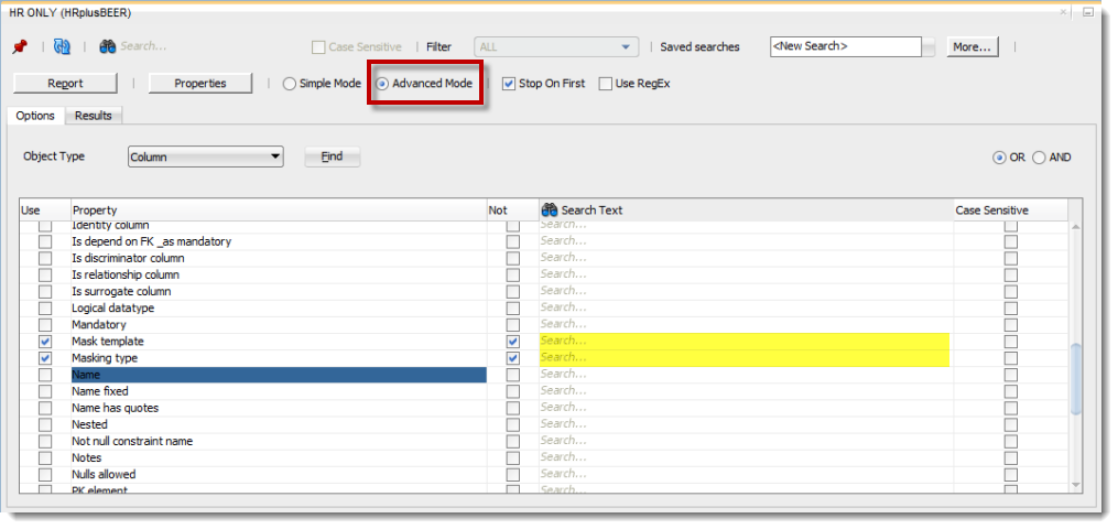 Toggle to advanced search, select your properties, and select the 'Not' checkbox