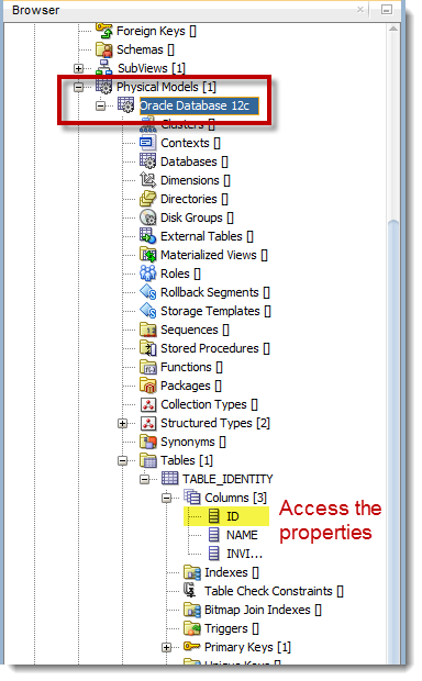 After you've created the 12c physical model, go to the table, column and access its properties