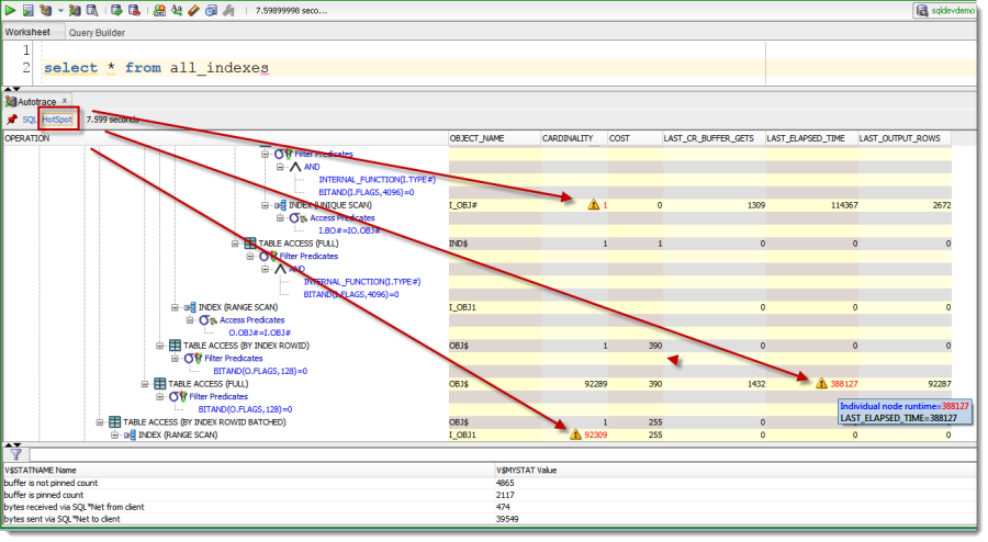 Clicking the 'Hotspot' url text will cycle you through the 'bad' areas of the execution plan.