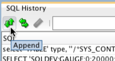 The default button will 'tack' the highlighted history item to wherever your cursor is in the Worksheet. The other button will CLOBBER the worksheet and you'll be left ONLY with your query from the history.
