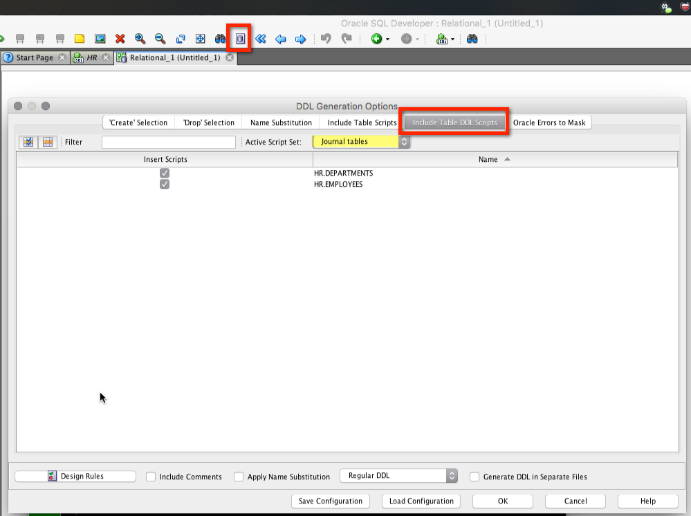 Switch the script library to 'Journal tables', and then check the objects you want the DDL to be added for.