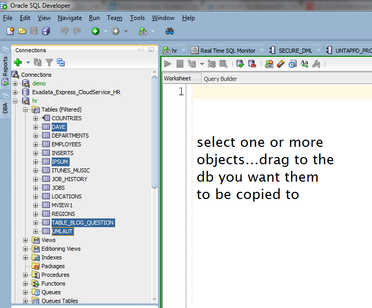 You can drag the entire node up instead of selecting all the tables if you want everything. 