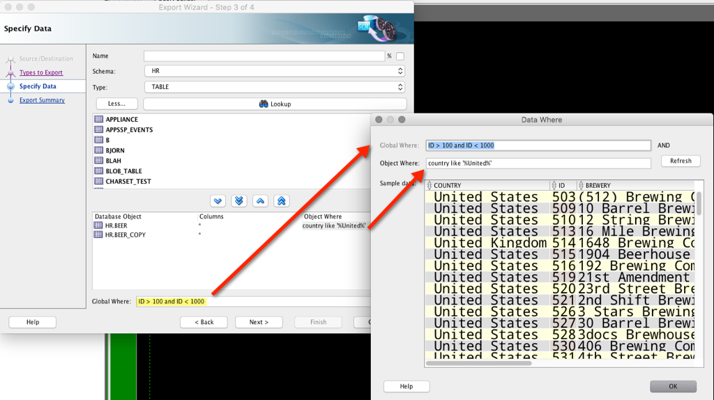 Getting data out - apply a filter across multiple tables or at the table level or BOTH 