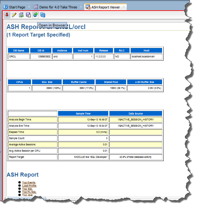 Click the 'Open in Browser' button to get the report out of SQLDev