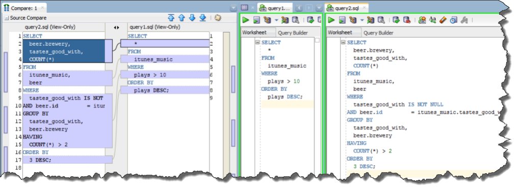 I've created 3 document tab groups so I can see the editor for each file and the compare results all at once!