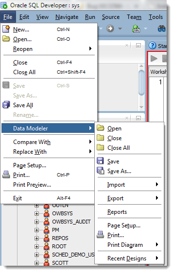 Access the Data Modeler 'File' menu stuff under the SQLDev File Menu...