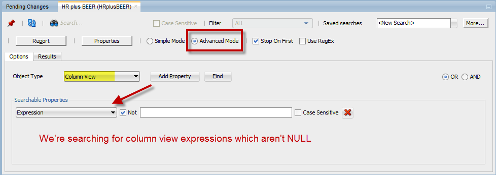Advanced search, Column View, Nulls for Expression property