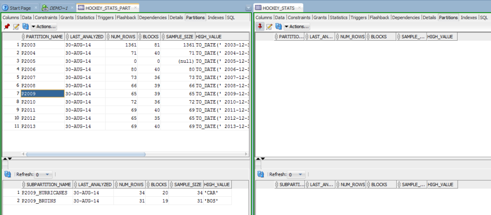 Two table editors, side-by-side. One has some nice partitions, the other has none.