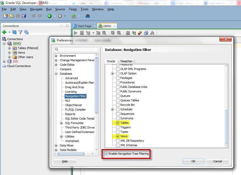 Tell SQL Developer what database objects you want to see when clicking around the tree.