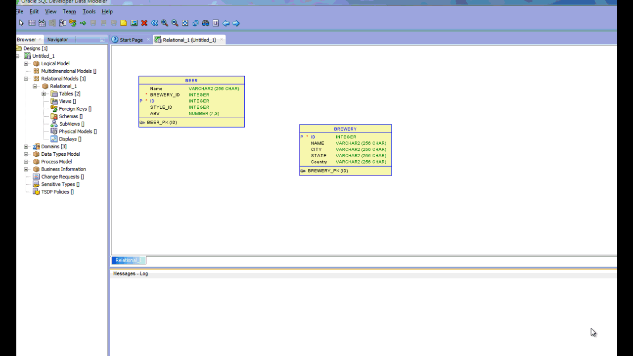 Animated GIF showing how to draw a foreign key in Oracle SQL Developer Data Modeler.