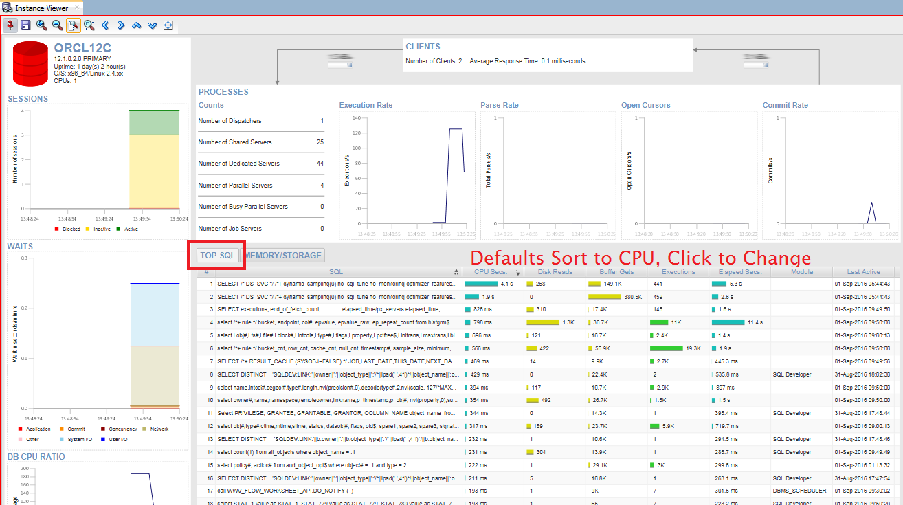 Instance Viewer can flip from storage/IO stuff to Top SQL.