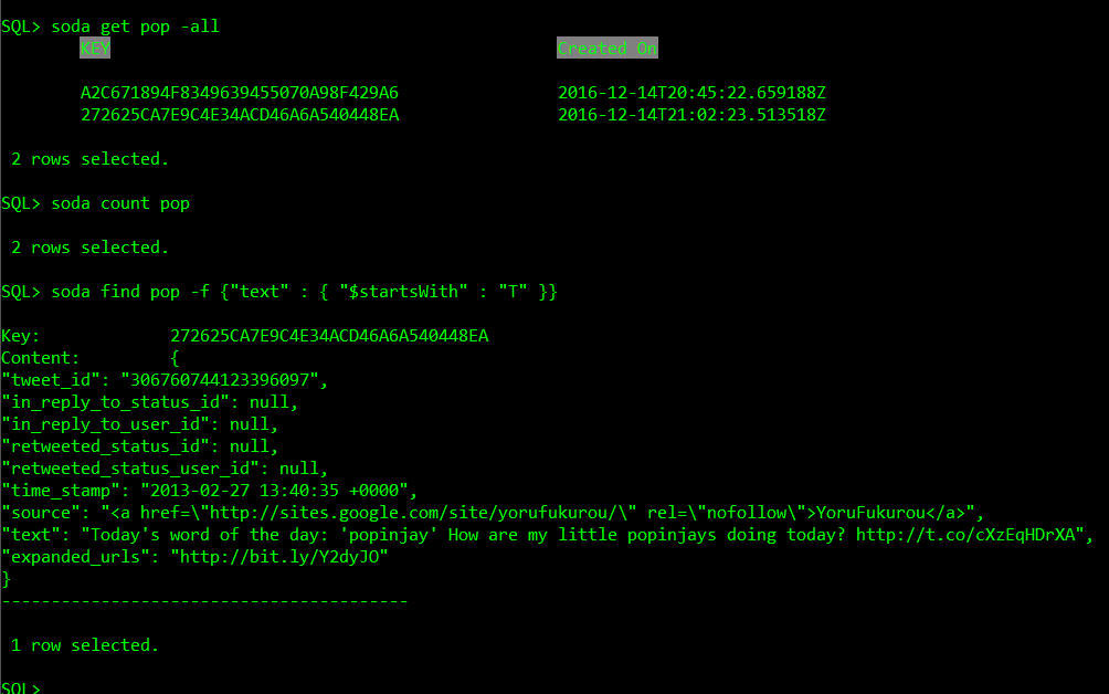 oracle document store json soda sqlcl