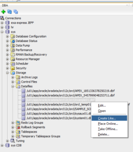 oracle sql developer dba datafile create like