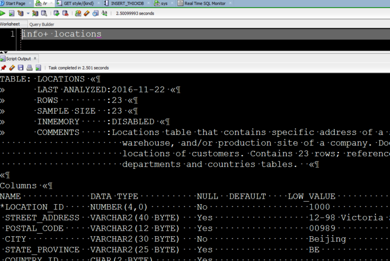 info command oracle sql developer