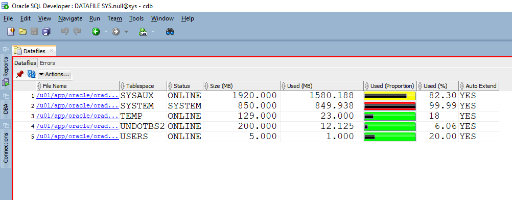 Space Report from SQL SQLcl