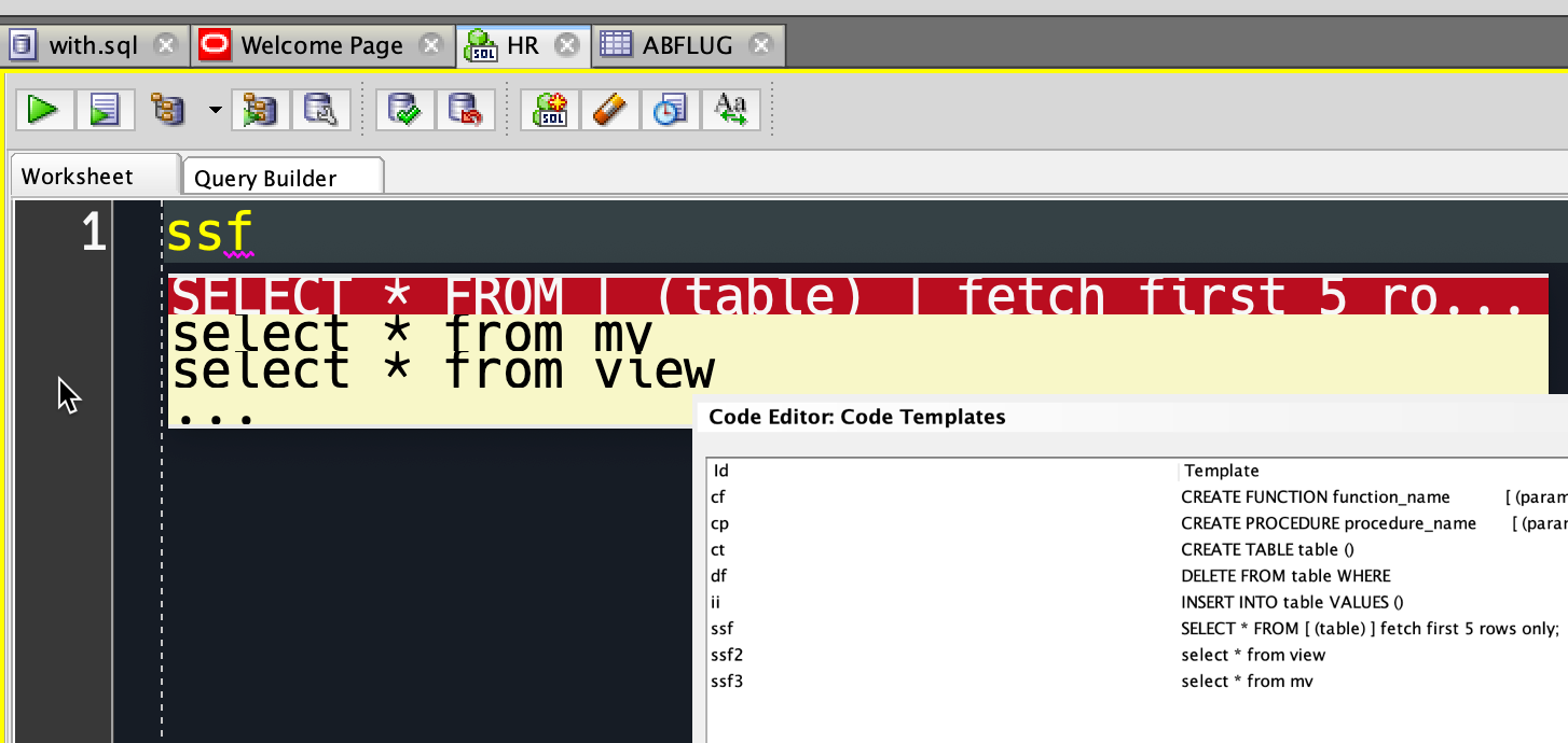 code template in oracle sql developer