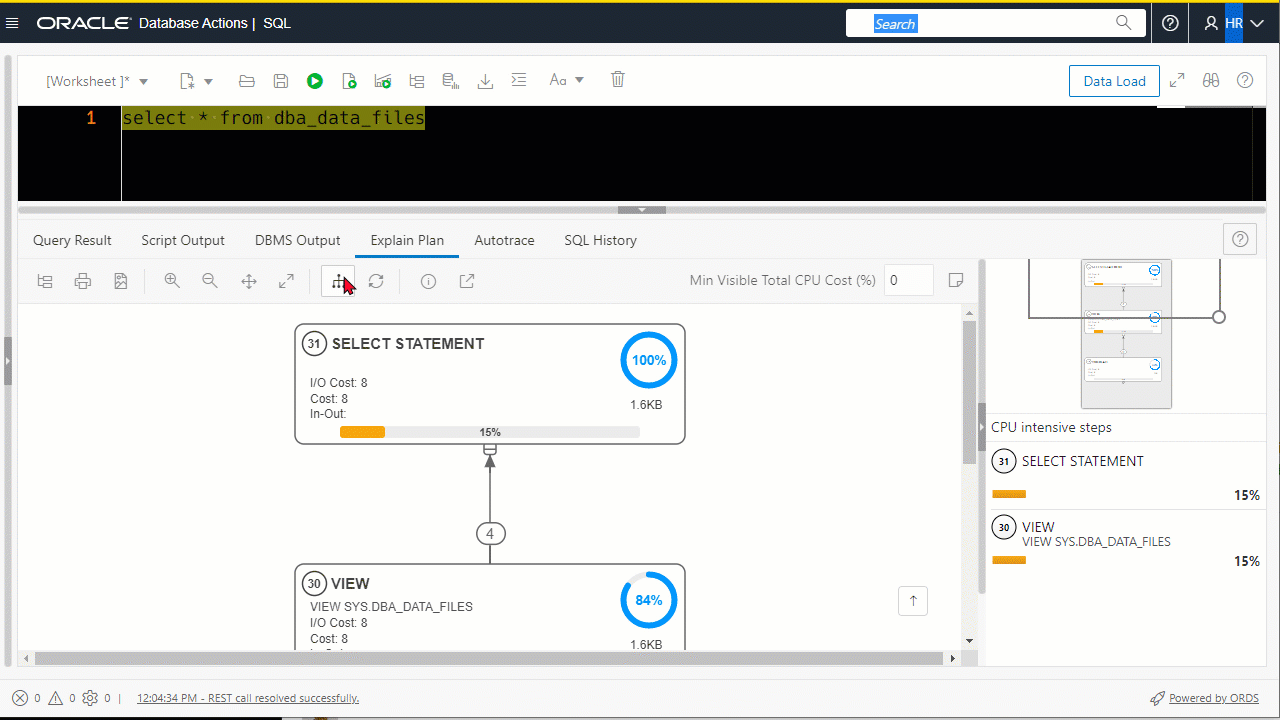 Animated GIF of reading execution plans for SQL Statements in SQL Developer Web.