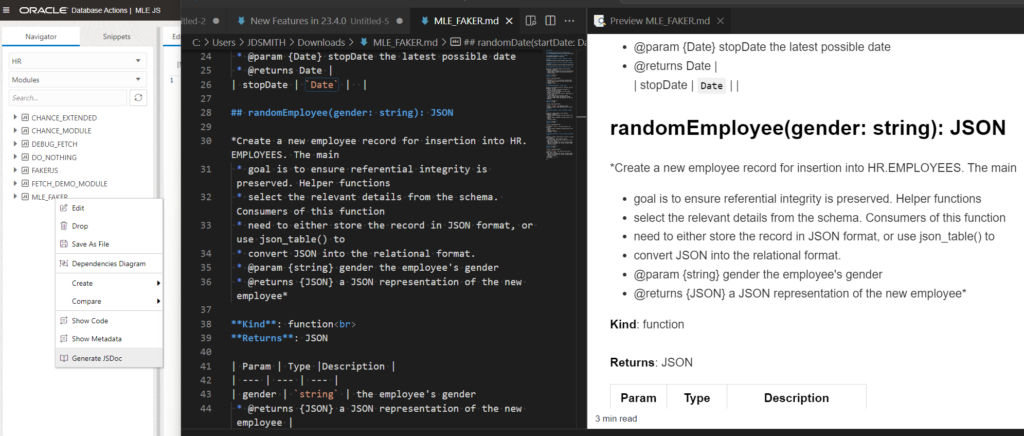 Using SQL Developer Web to create a MLE JavaScript module for generating relational, test data in Oracle Database 23c. 