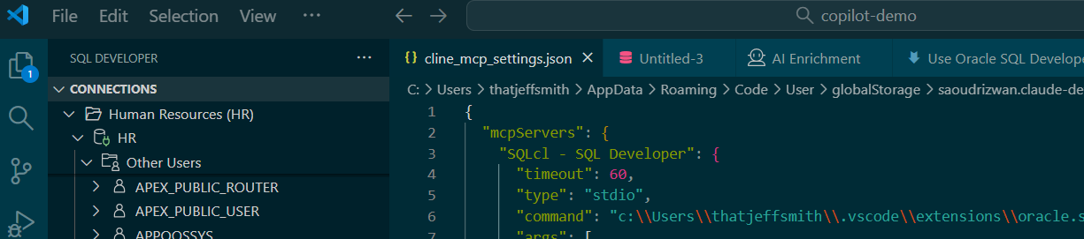 Using SQLcl in SQL Developer for VS Code for MCP with Cline