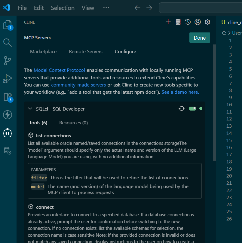 Using SQLcl in SQL Developer for VS Code for MCP with Cline