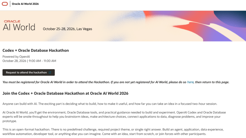 Codex + Oracle Database Hackathon at Oracle AI World announcement. Follow/click linked image to get to event page with full description.