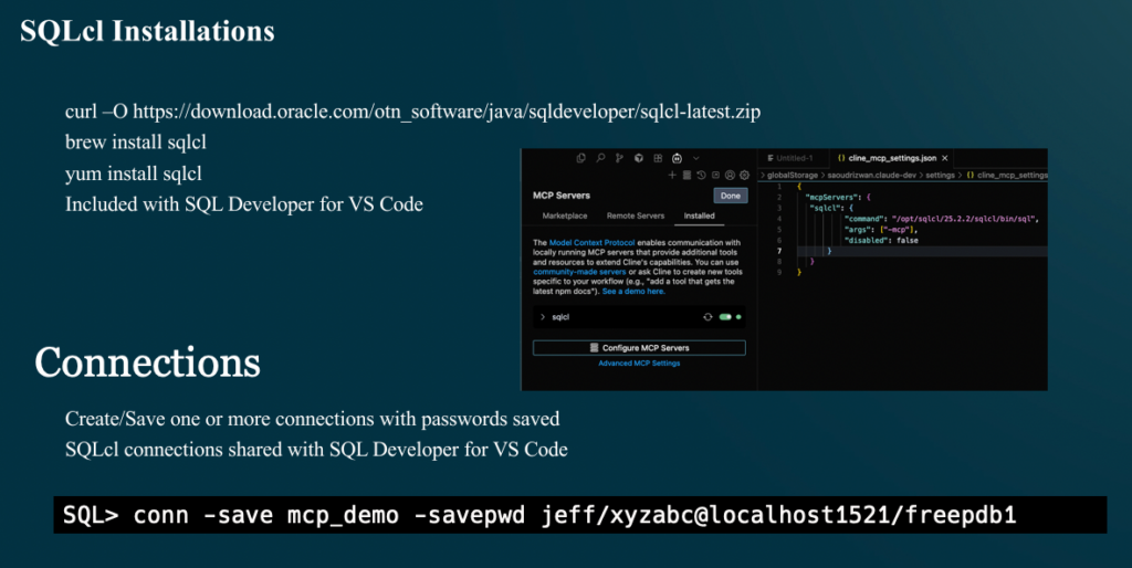 Some alternatives for installing SQlcl, including brew, yum, curl, or using the VS Code SQL Dev extension.