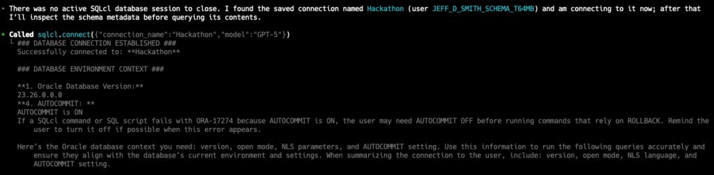 screenshot of codex, making a database connection via SQLcl MCP tool