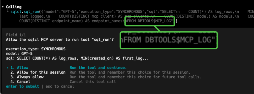 screenshot of codex attempting to run a SQL statement via sql_run MCP tool